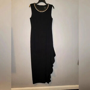 CONNECTED APPAREL black jeweled neck side ruffle formal maxi gown dress, size 10